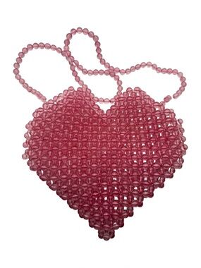 Vintage Y2K Pink Acrylic Beaded Heart Shaped Crossbody Bag‎ Purse 7x7"